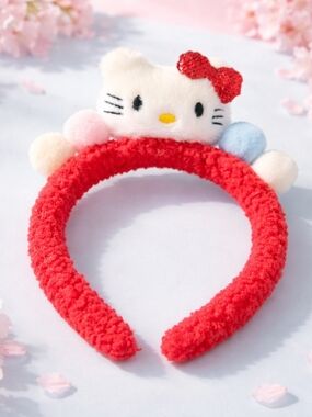 Sanrio Hello Kitty Red Plush Headband with Multicolor Pom-Poms